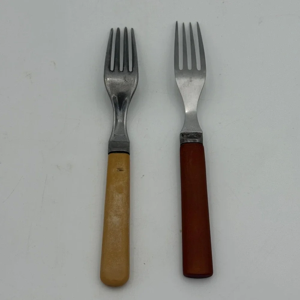 Vintage Possible Bakelite Dinner Forks Stainless Steel Yellow Brown Retro Pair